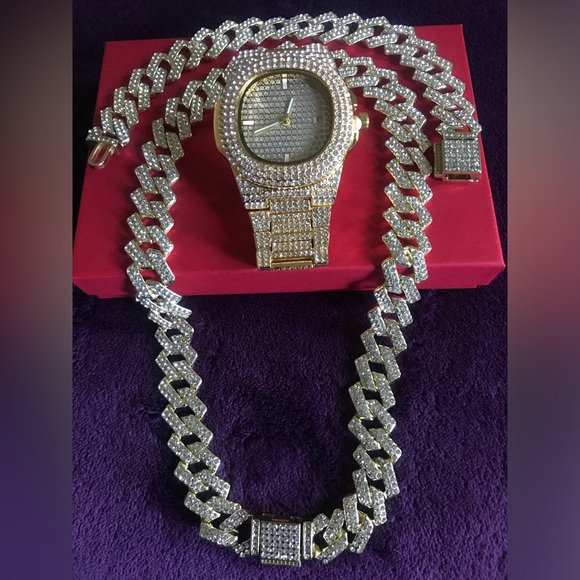 Other - Gold and CZ Watch with Matching 18” Necklace and 8” bracelet
